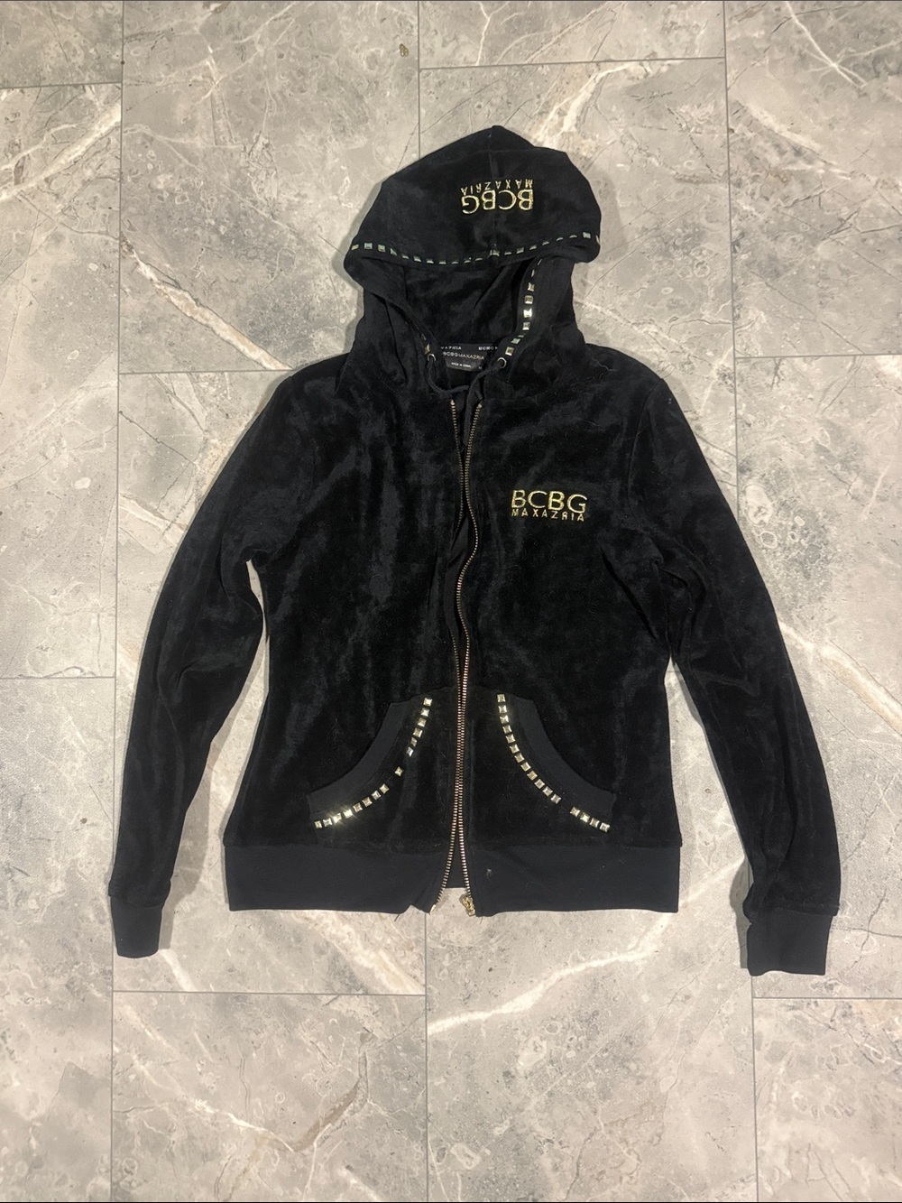 BCBGMaxAzria Black Velour Zip Hoodie with Gold Logo & Stud Trim